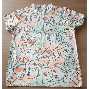 Cherryswing Women's Artistic Faces Short Sleeve Golf Shirt L UPF +50 Wicking